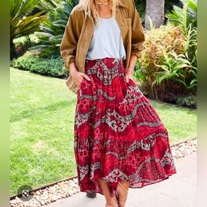 XiRENA Iris Tiered Midi Skirt in Fire Red Paisley - Size XL